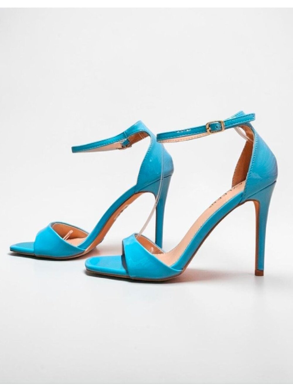 Elegant Blue Patent Leather Stiletto Heels With Ankle Strap & Open Toe For Women - Picture 9 of 16